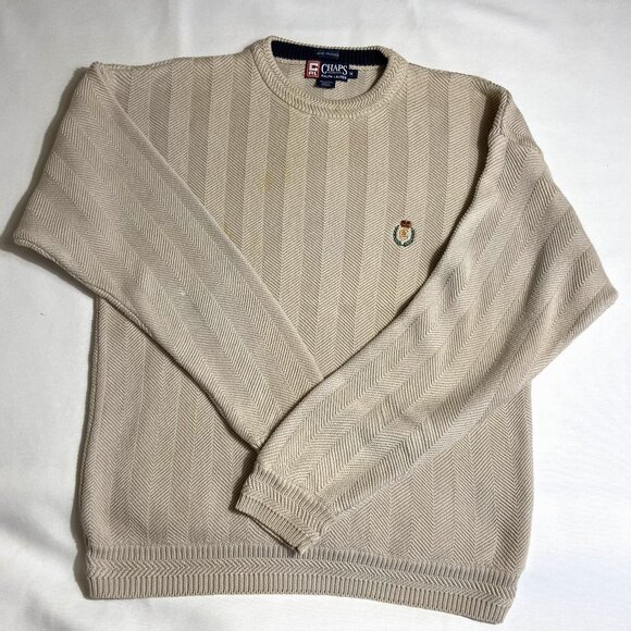 Chaps Ralph Lauren Men M Beige Herringbone Hand Framed Cotton Sweater - Picture 1 of 7